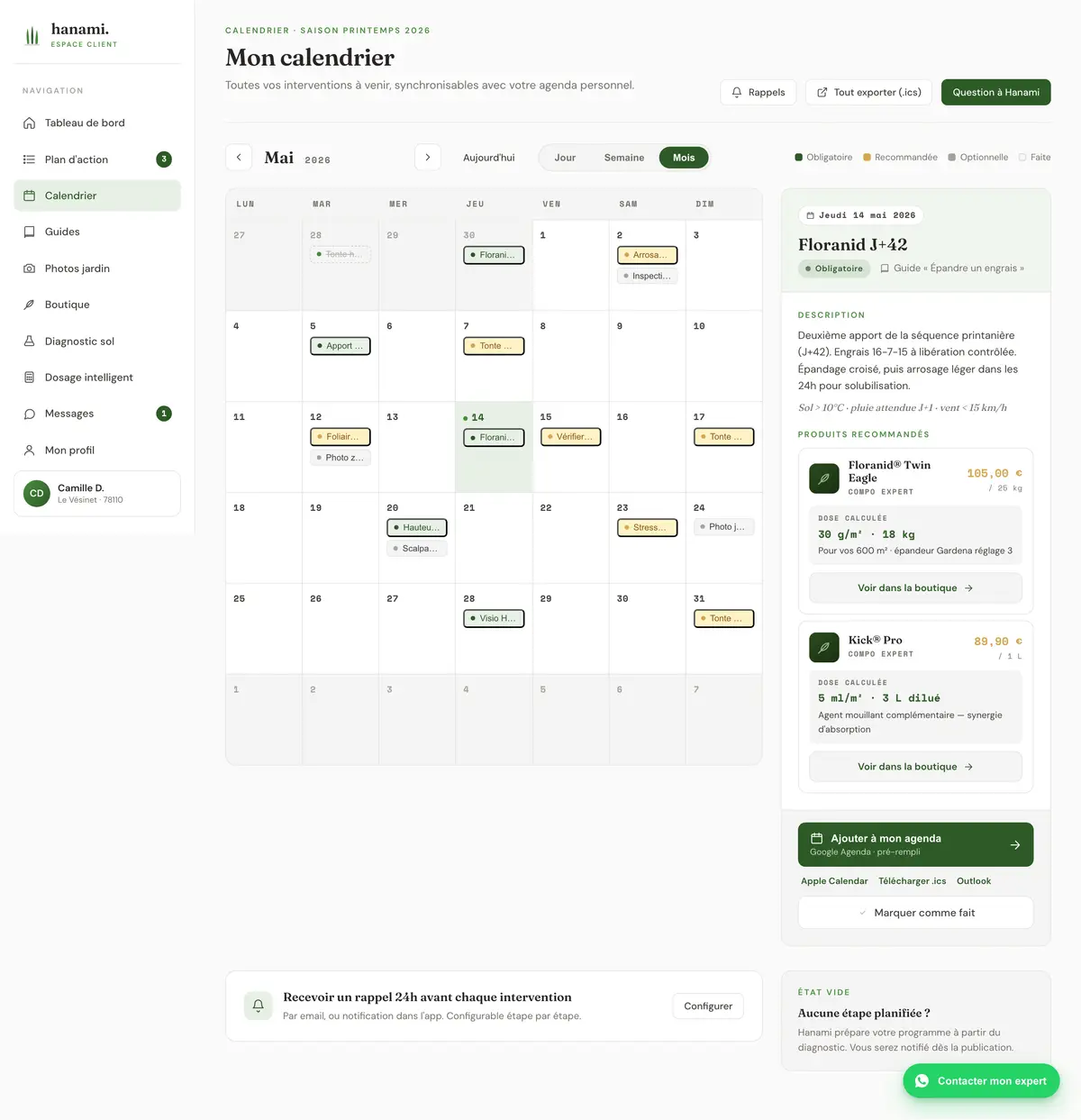 Calendrier Hanami : interventions planifiées, export agenda Google / Apple / Outlook, rappels